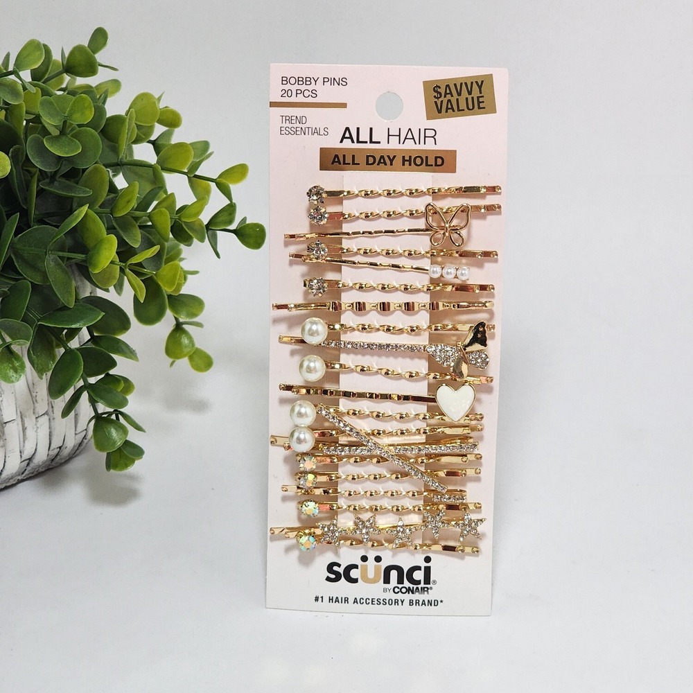 Scunci Bobby Pins Rhinestone Gold Pearls 20 Ct - Hair Accessories by Conair